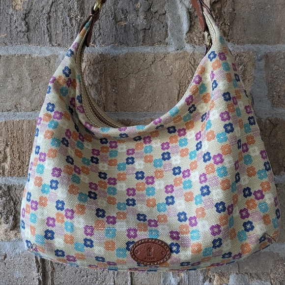 Fossil Tate Hobo Shoulder Bag Natural Floral Canvas Leather Y2K - Picture 8 of 15
